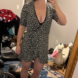 Black and White Floral Wrap Dress